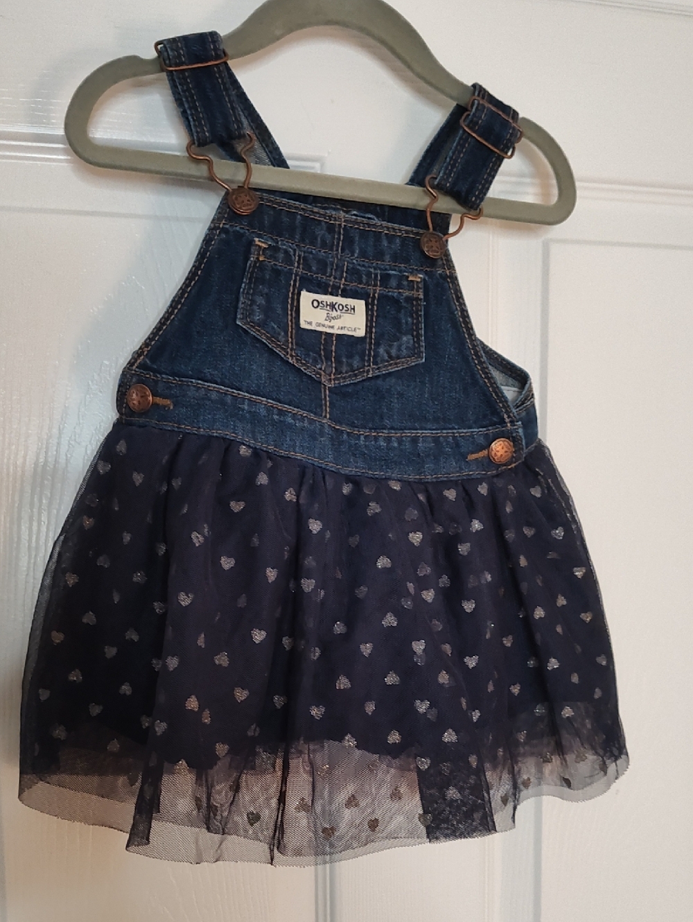 OshKosh B'gosh Navy Denim Overall Dress with Silver Heart Tulle